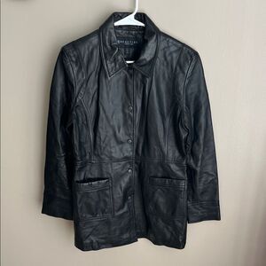 Kenneth Cole Reaction black leather jacket, mid-length snap Women’s Large